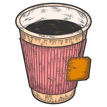 Tea in a paper cup. Sketch scratch board imitation. Color vector. Stock Illustration