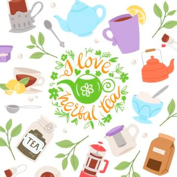 Tea party collection, vector illustration background. Cup of tea on spring Stock Illustration