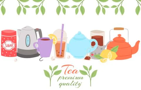 Tea party collection, vector illustration. Cup of bubble and herbal tea on Stock Illustration