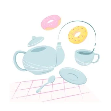 Tea party with colored donuts isolated on white background Stock Illustration