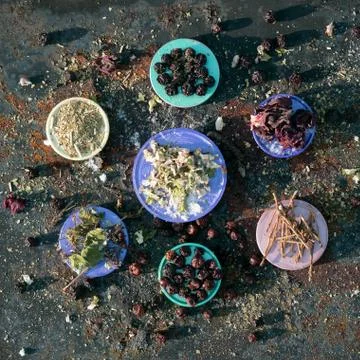 Tea party  flat lay top view with dry red hibiscus tea, Paraguay tea,dry Herb Foto stock