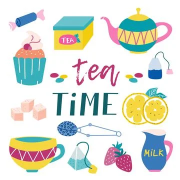 Tea party kit. Muffin, candy, tea box, teapot, tea bag, sugar, lemon, cup Stock Illustration