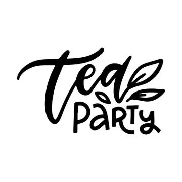Tea party. Linear calligraphy hand drawn vector lettering text with leaves decor Stock Illustration