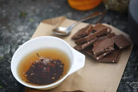 Tea party outdoors in a hike in the mountains. Stock Photos