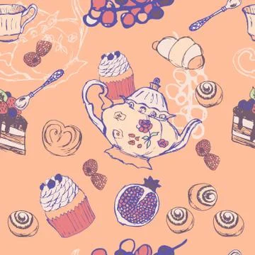 Tea Party Pattern From a Sketch Stock Illustration