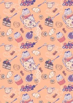 Tea Party Pattern From a Sketch Stock Illustration