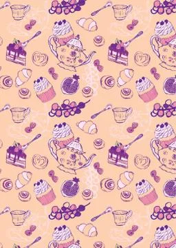 Tea Party Pattern From a Sketch Stock Illustration