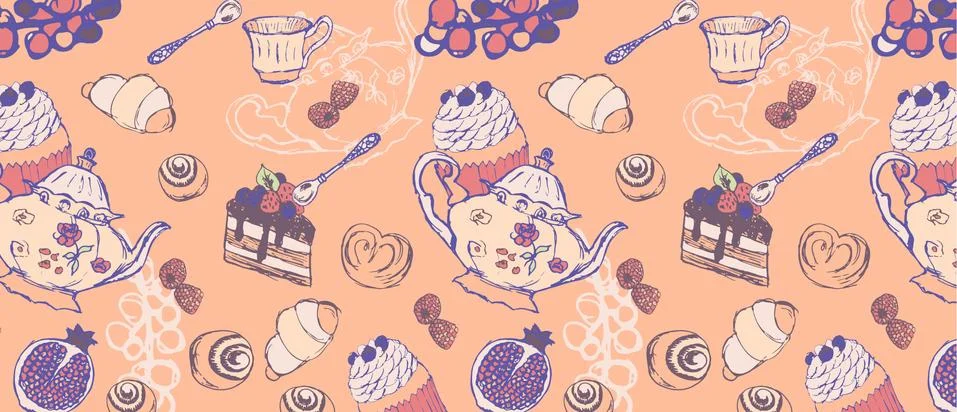 Tea Party Pattern From a Sketch Stock Illustration