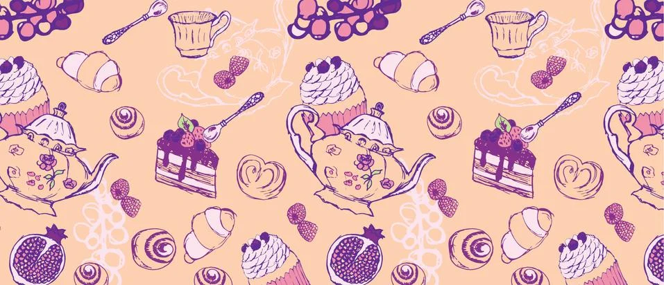 Tea Party Pattern From a Sketch Stock Illustration