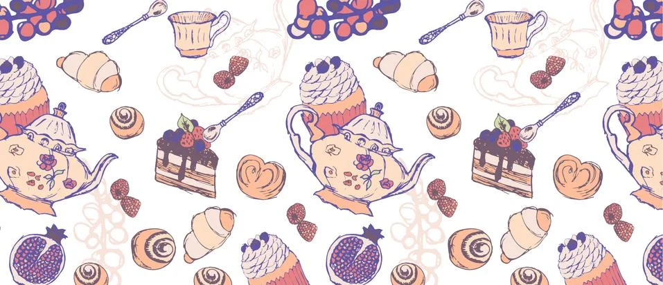 Tea Party Pattern From a Sketch Stock Illustration