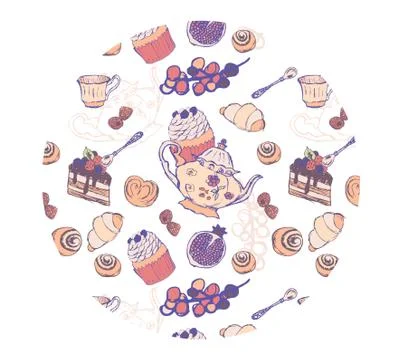 Tea Party Pattern From a Sketch Stock Illustration