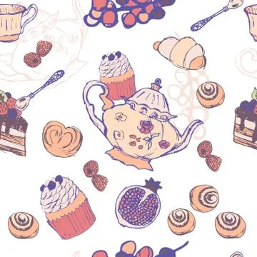 Tea Party Pattern From a Sketch Stock Illustration