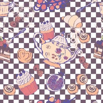 Tea Party Pattern From a Sketch on violet and white racing and checkered Stock Illustration