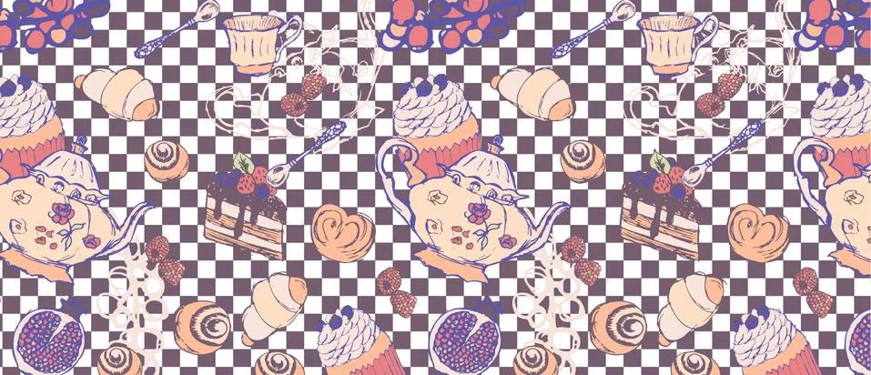 Tea Party Pattern From a Sketch on violet and white racing Stock Illustration