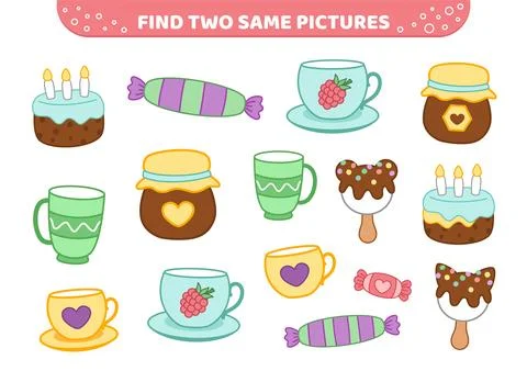 Tea party with sweets. Find two same pictures. Game for children. Cartoon Stock Illustration