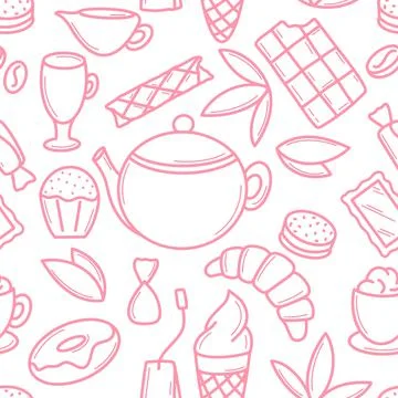 Tea party with sweets seamless pattern in doodle style Stock Illustration