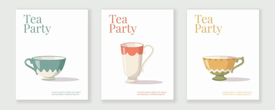 Tea Party vector poster set, retro style cups, minimalist flat design Stock Illustration