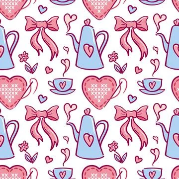 Tea pattern with hearts and ribbons, delicate porcelain cups and teapots, floral Illustrazione stock