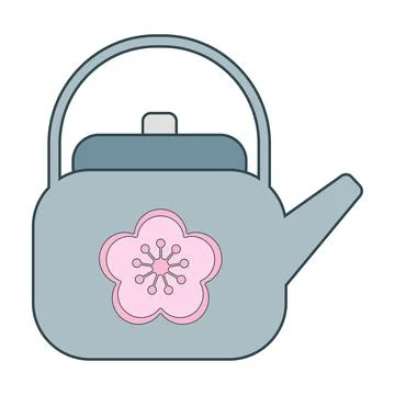 Tea pot and simple Sakura cherry blossom. Sakura Pink Flowers Stock Illustration