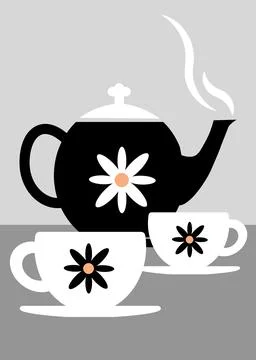 Tea Pot And Tea Cups - Cafe Kitchen Restaurant Poster Art Illustration Stock Illustration