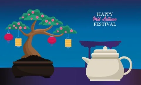 Tea pot and tree with lanterns vector design Stock Illustration