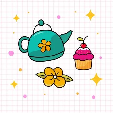 Tea Pot With Cupcake Vector Stock Illustration