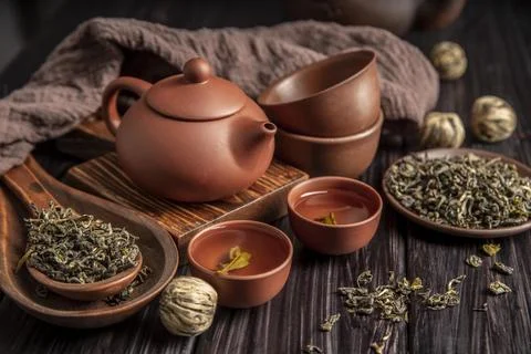 Tea pot cups desk Stock Photos