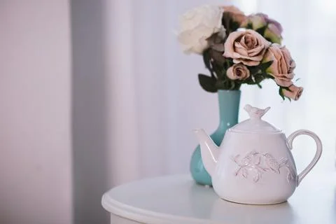 Tea, pot, flowers, table, white, drink, food, nature, plants, vase, house, ho Stock Photos