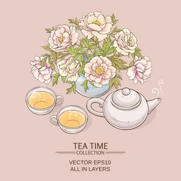 Tea pot with tea cup and sugar bowl Illustrazione stock