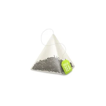 Tea pyramid pack or bag with green label realistic vector illustration isolated. Stock-Illustration