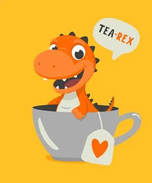 Tea Rex. Vector Funny and Cute Textured Cartoon Dinosaur in Tea Cup. Mug with Stock Illustration