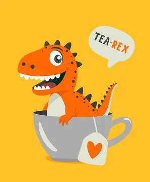Tea Rex. Vector Funny and Cute Textured Cartoon Dinosaur in Tea Cup. Mug with Stock Illustration