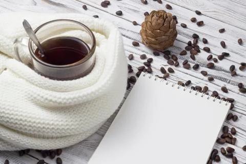 Tea, scarf, pine nuts, notebook, wooden background Foto stock