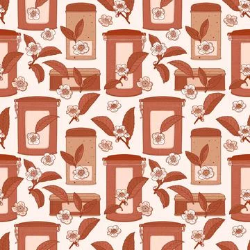 Tea seamless pattern with boxes, leaves and flowers Stock Illustration