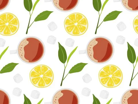 Tea seamless pattern. Cup of tea, leaves, lemon slice, sugar cubes. Hot drink Illustrazione stock