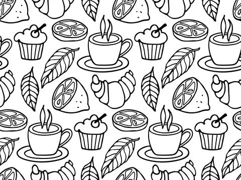 Tea seamless pattern. Cup of tea, leaves, lemon, cupcake, croissant sketch Stock Illustration