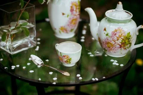 Tea service in nature Stock Photos