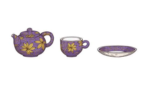 Tea service or tea-set with pot and cup, sketch vector illustration isolated. Stock Illustration