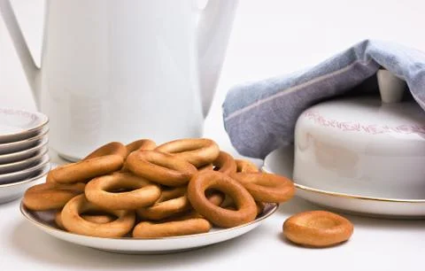 Tea set and bagels Stock Photos