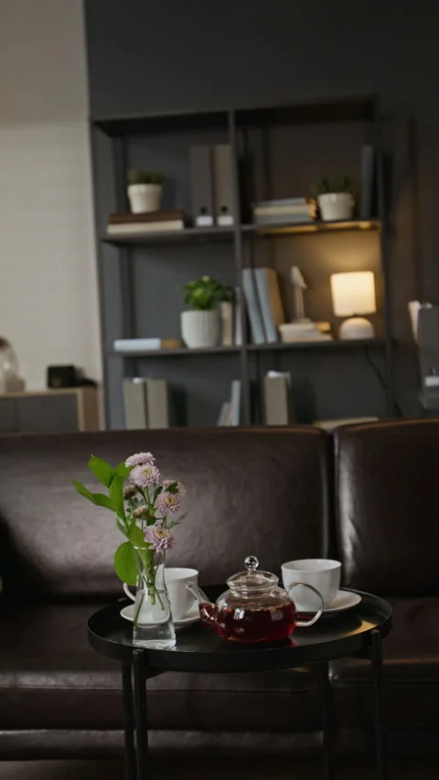 Tea Set and Flowers Waiting for Clients in Therapy Office Stock Footage 337631981
