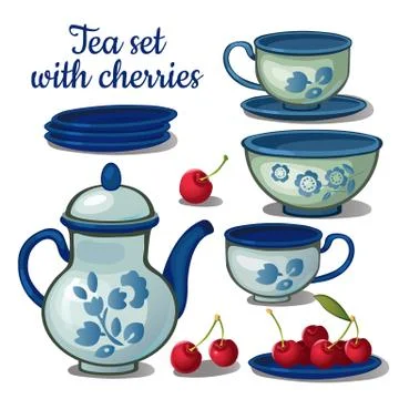 Tea set and ripe cherry isolated on a white background. Vector cartoon close- Stock Illustration