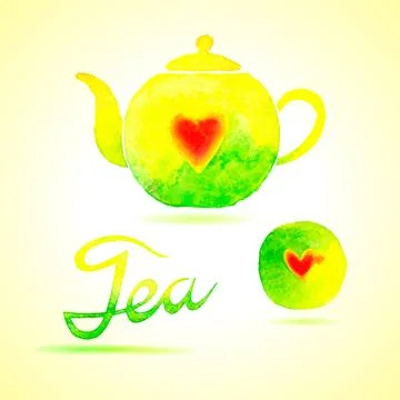 Tea set. Design elements painted in watercolor. Stock Illustration