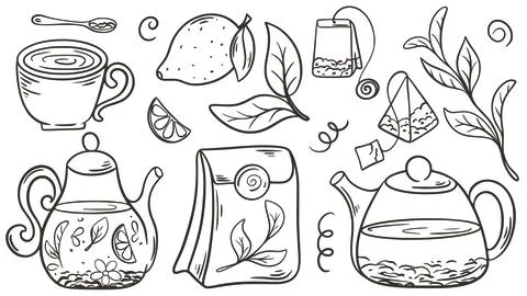 Tea set in doodle sketch style Stock Illustration