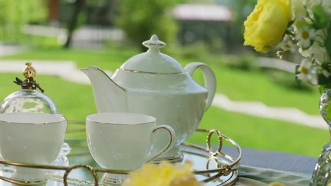 Tea set on garden table with green lawn background Stock Footage 327593314