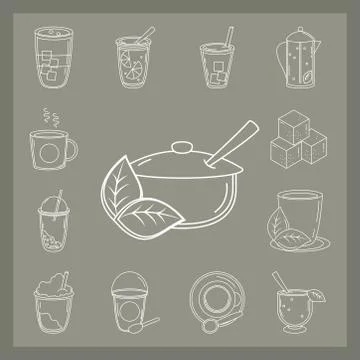 Tea, set of icons lime teapot sugar cups leaf, line style Stock Illustration