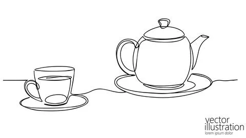 Tea set illustration single line. Teapot cup and saucer. Food and beverage Stock-Illustration