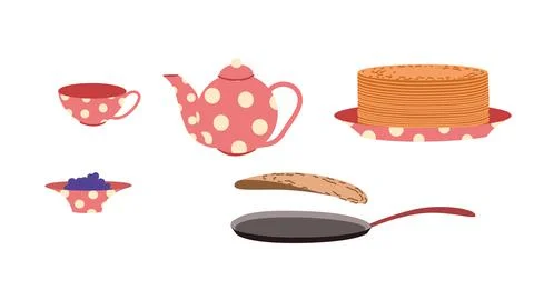 Tea set with jam and pancakes. Shrovetide week. Breakfast on Shirokaya Stock Illustration