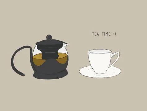 Tea set , kettle and cup , sketch vector. Stock Illustration