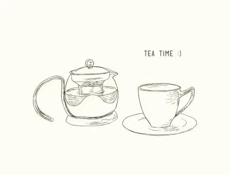 Tea set , kettle and cup , sketch vector. Stock Illustration