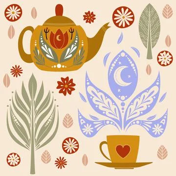 Tea set with Kettle and Cup, Folk Style Stock Illustration